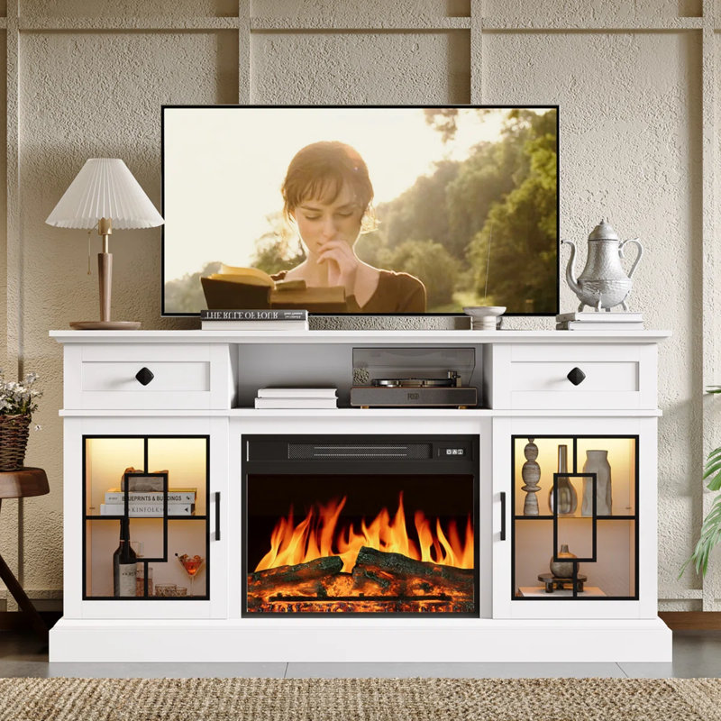 Meuble télé pour téléviseur de 65 po ou moins avec foyer électrique, console multimédia à DEL, centre de divertissement moderne