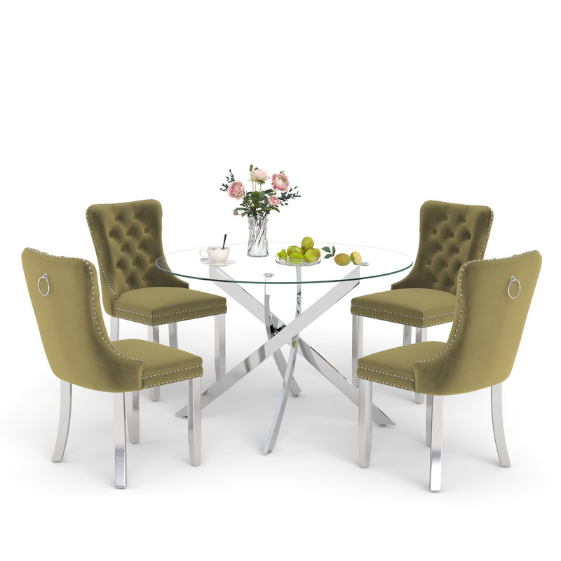 Ensemble de salle à manger Keyari, Vert olive, Argent, H 29,5 po x L 36 po x l 36 po