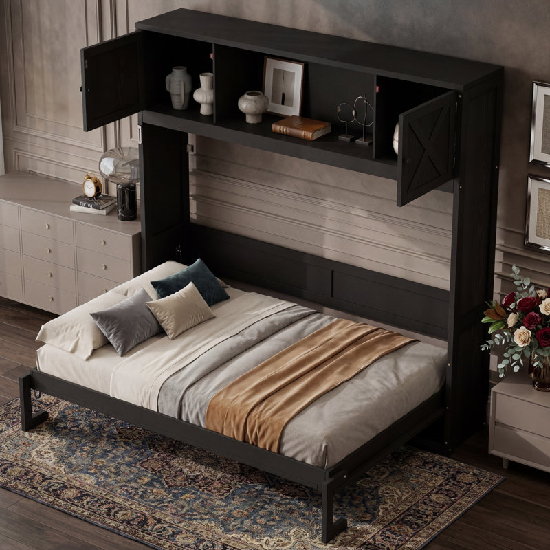 Grand lit escamotable avec armoires de rangement, noir, Noir, Grand lit