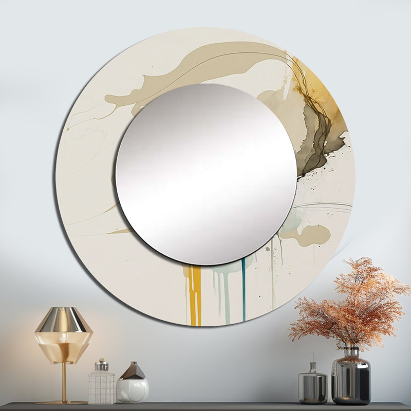 Mustard Yellow Secrets VI - Liquid Ink Decorative Mirror, Yellow Round Wall Mirror, Printed Metal Art, 23" x 23"