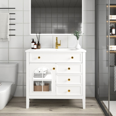Meuble-lavabo de salle de bain 35,6 po avec verre antique et capteur de mouvement, armoire blanche pour le verre de style Mid-Century bien rangé, beaucoup de rangement, lavabo intégré autoportant