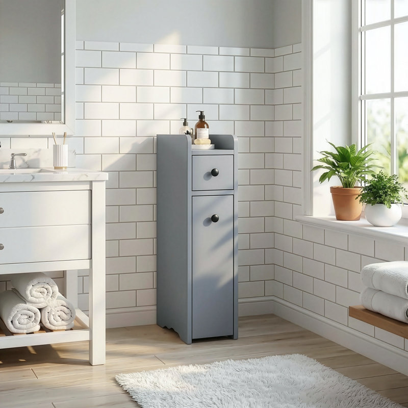 Gray Bathroom Cabinet, 2 Drawers, With Casters