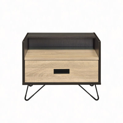 Table de chevet Mid-Century, 1 tiroir + tablette ouverte, pieds en épingle à cheveux, glissière en métal lisse, élégante et fonctionnelle
