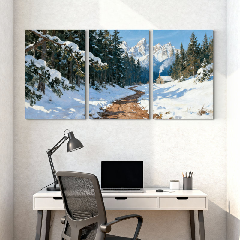 winter forest Snowy Forest Path Mountain View Winter Landscape Set of 3 Canvas Wall Art Prints, 30" H x 60" W