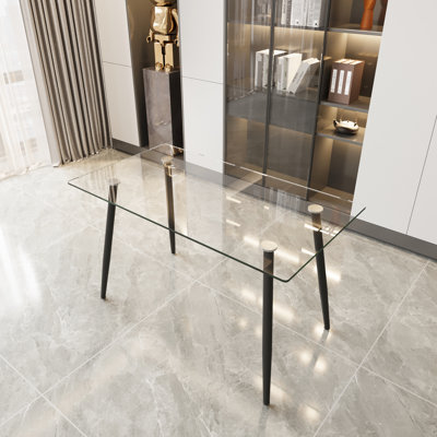 51,67 po - Bureau de salle à manger en verre lisse avec surface trempée et détails en métal noir, sièges 4 et 6 pour les rassemblements sociaux Table rectangulaire minimaliste moderne de 51 po, structure de 0,31 po, grande cuisine de salon