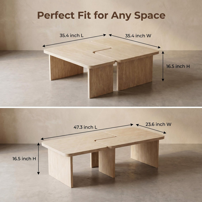 Ensemble de 2 tables basses modulaires en travertin, ensemble de tables gigognes en forme de L, table d'angle séparable pour les petits espaces et le salon