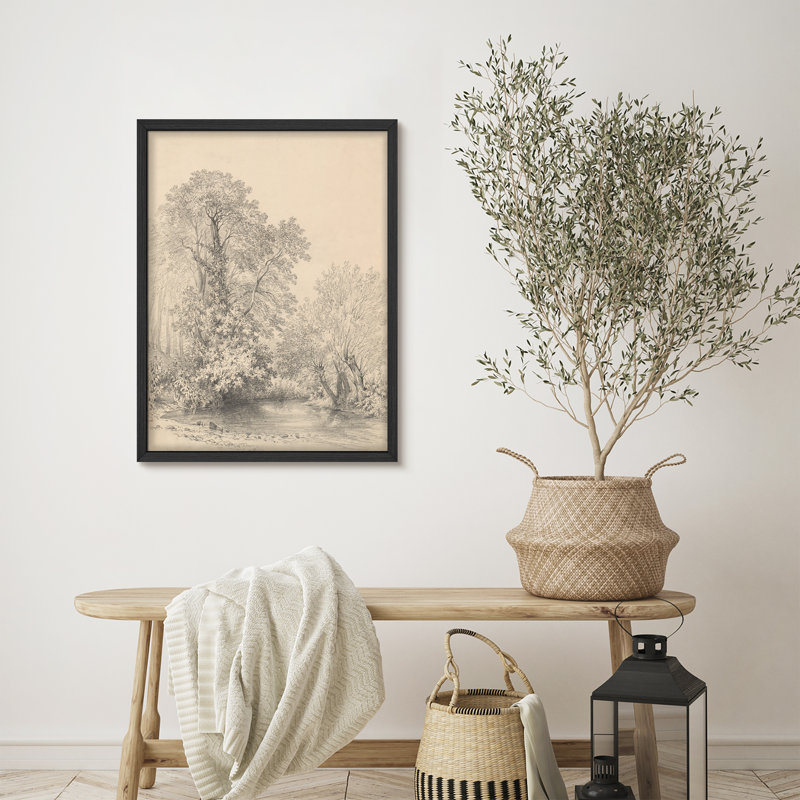 «Country Trees By The River Rustic Artwork, impressions encadrées, affiches, petit art mural de salle de bain», Noir