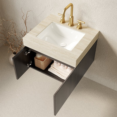 Meuble-lavabo de 24 po avec lavabo, armoire de rangement flottante en contreplaqué avec 2 portes, comptoir en pierre frittée Roma Travertine et lavabo en céramique avec 3 trous de robinet pré-percés, pré-assemblé