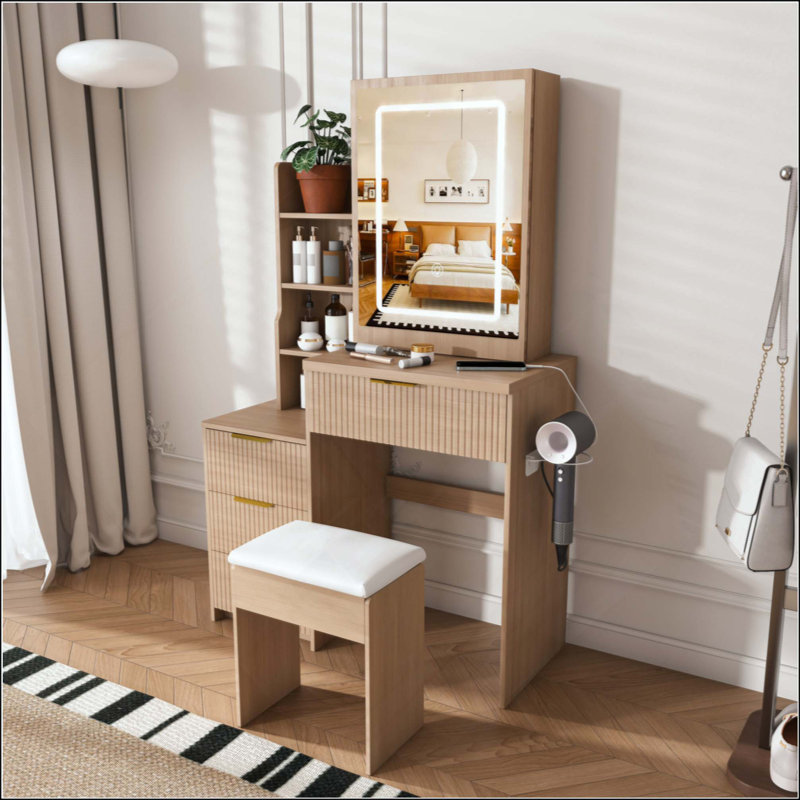 Modern Vanity Desk with LED Lighting & Charging Station, 4 Drawers & Open Storage Shelves, Hair Dryer Holder & Matching Dressing Chair