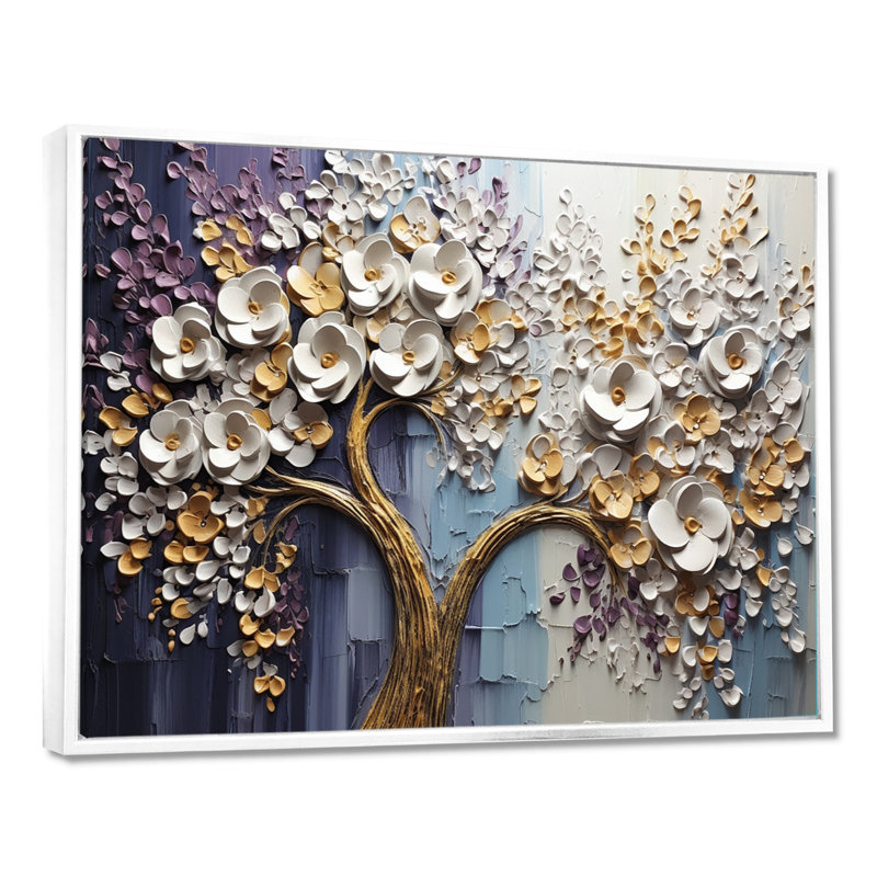 Arbre en fleurs avec fleurs blanches II, H 34 po x l 44 po, Cadre flottant noir, bois massif