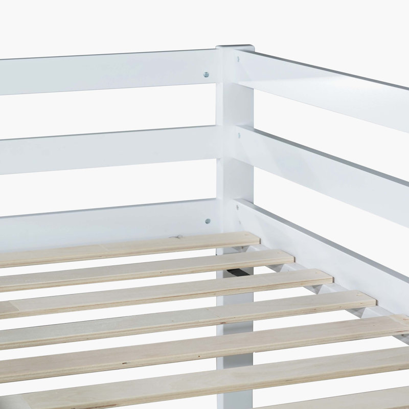 White Solid Rubber Wood Twin-Over-Twin Floor Bunk Bed Featuring Ladder And Strengthened Slat Platforms For Both Beds, White