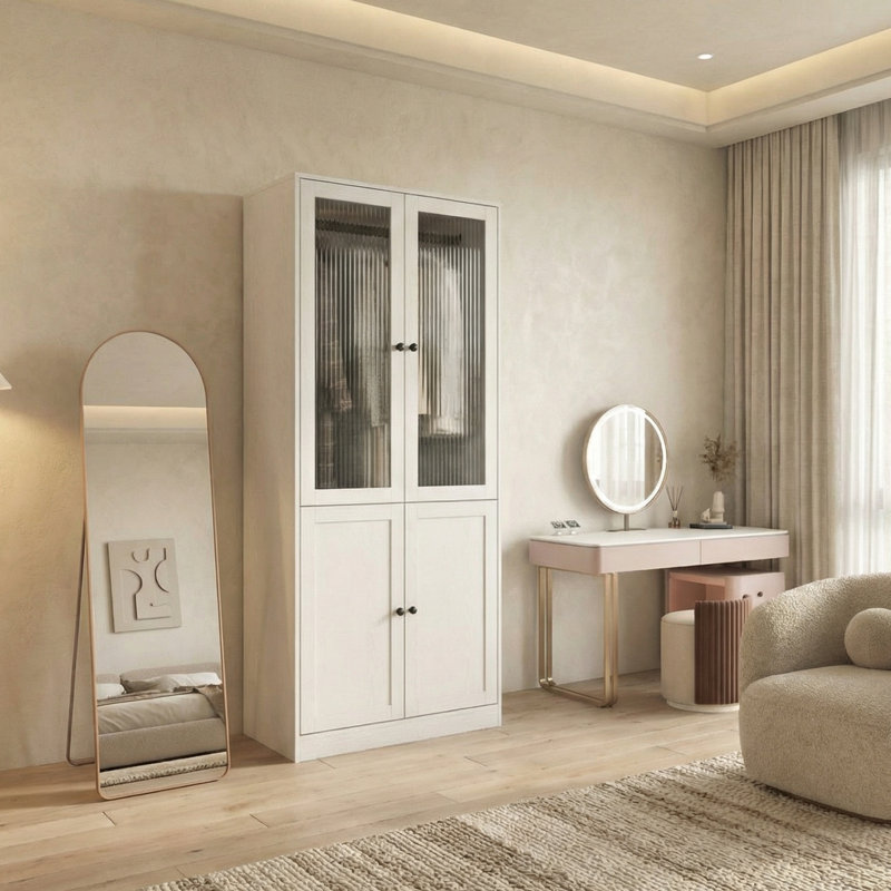 20" D Armoire Wardrobe Closet With Fluted Glass, 71" H Clothing Storage Cabinet With Hanging Rod And Soft-Close Doors, White