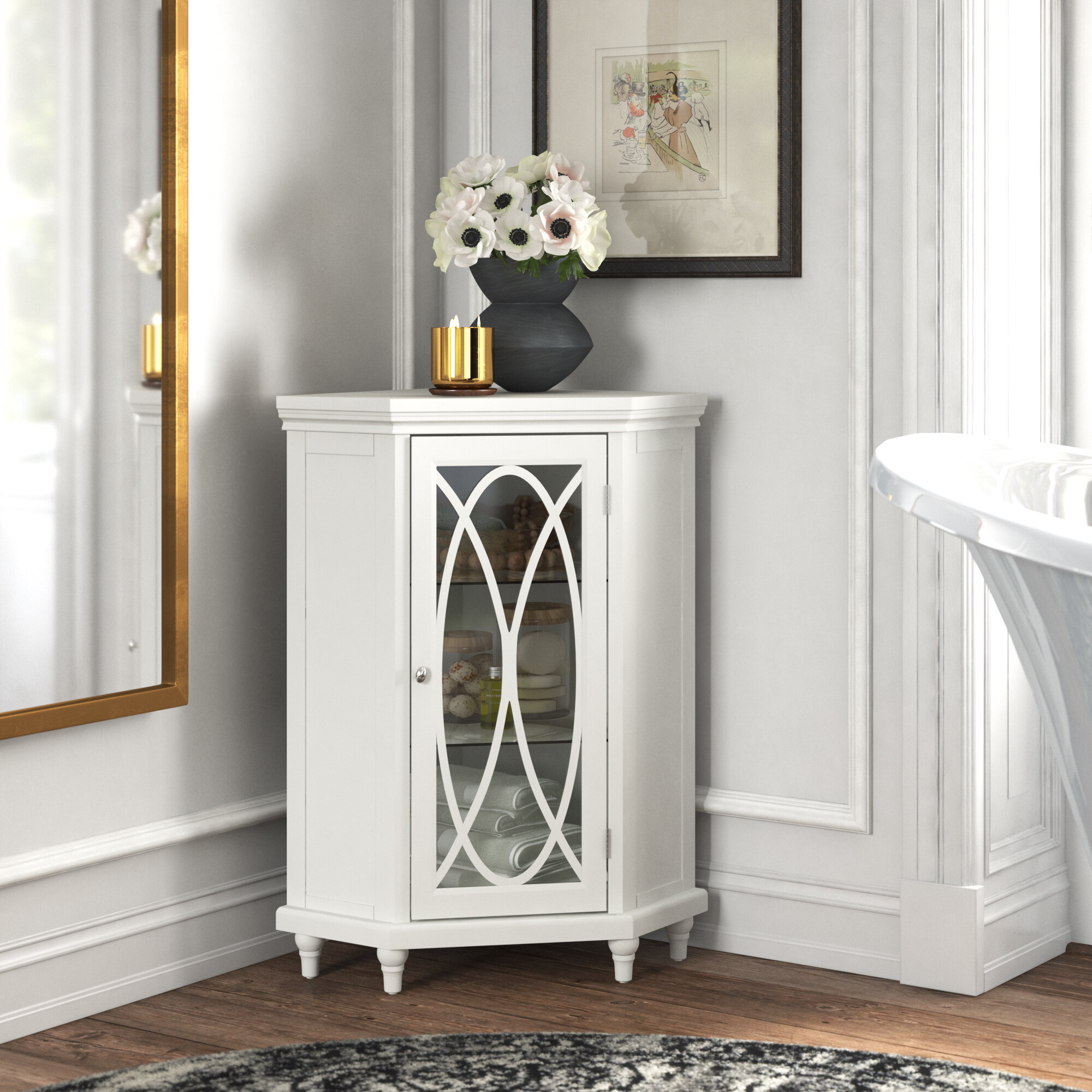 Costway 3 Tier Freee-Standing Bathroom Cabinet with 2 Drawers and Glass Doors-White