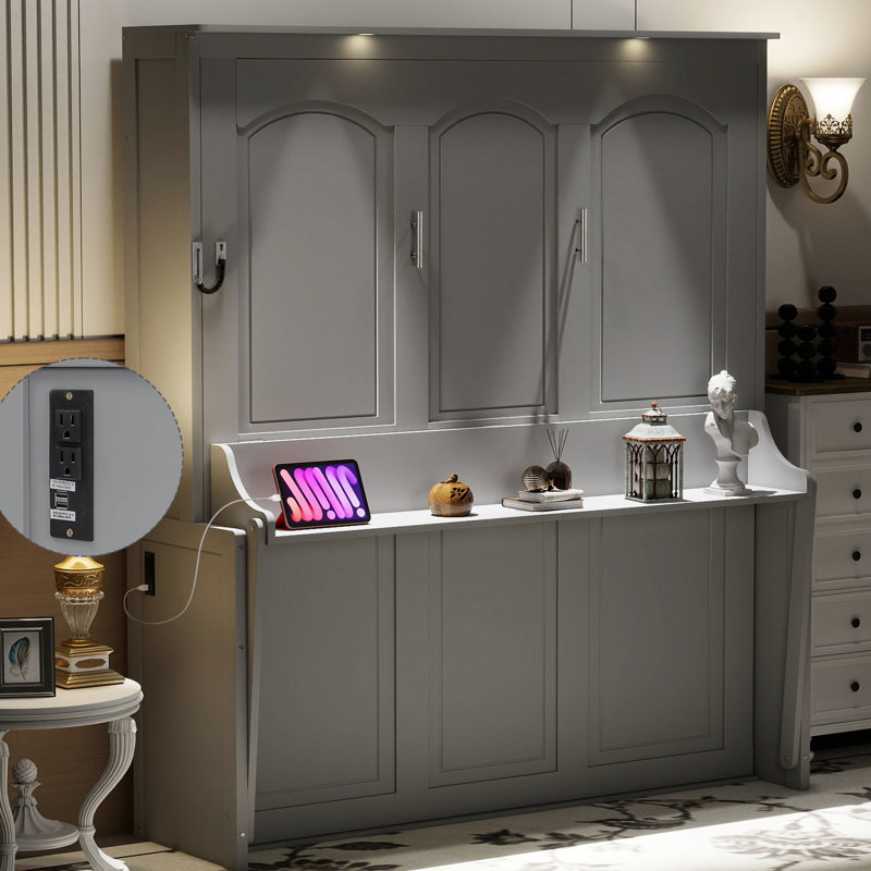Grand lit gris avec bureau intégré, lumières à DEL, station de charge, conception moderne pour petits espaces, finition de support à lattes de bois, lumières et charge, espaces d'étude peu encombrants, construction,