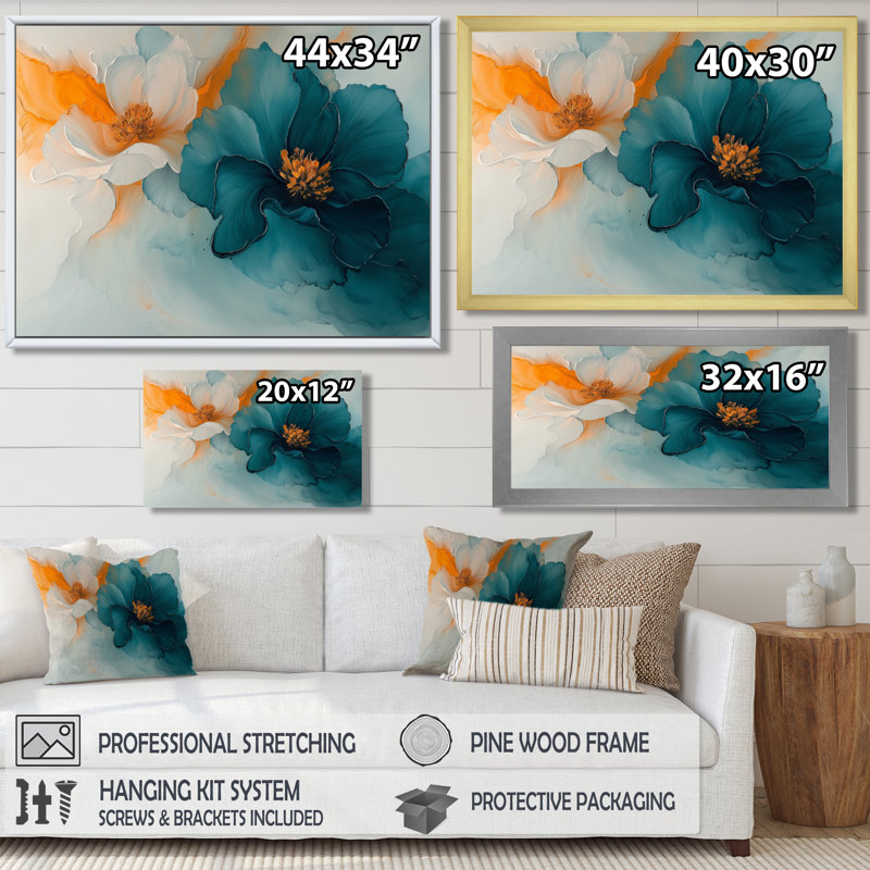 Abstrait abstrait renard doré et turquoise I - renoncule, art mural, H 30 po x l 40 po, Impression encadrée flottante, Doré