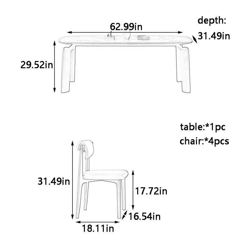 Artistic rock plate dining table chair set, 29.52"H x 62.99"L x 31.49"W