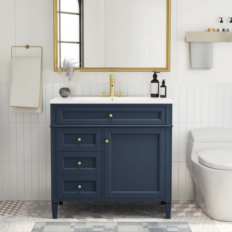 Meuble-lavabo 36 po avec lavabo supérieur, Bleu, Doré