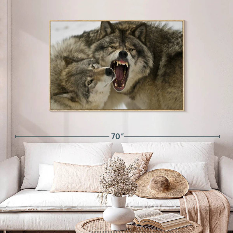 Combat de loups, Cadre flottant en bois naturel, 13 po x 9 po