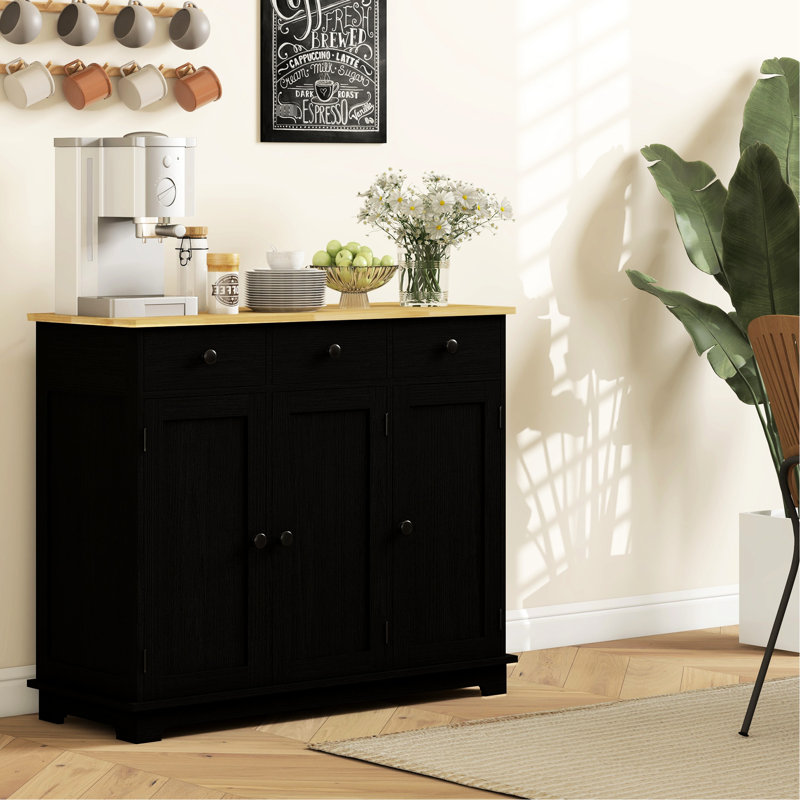 Buffet de comptoir en bois massif - 3 tiroirs, portes, tablette réglable noir vieilli pour un comptoir d'armoire de luxe, unité de rangement pratique pour la cuisine