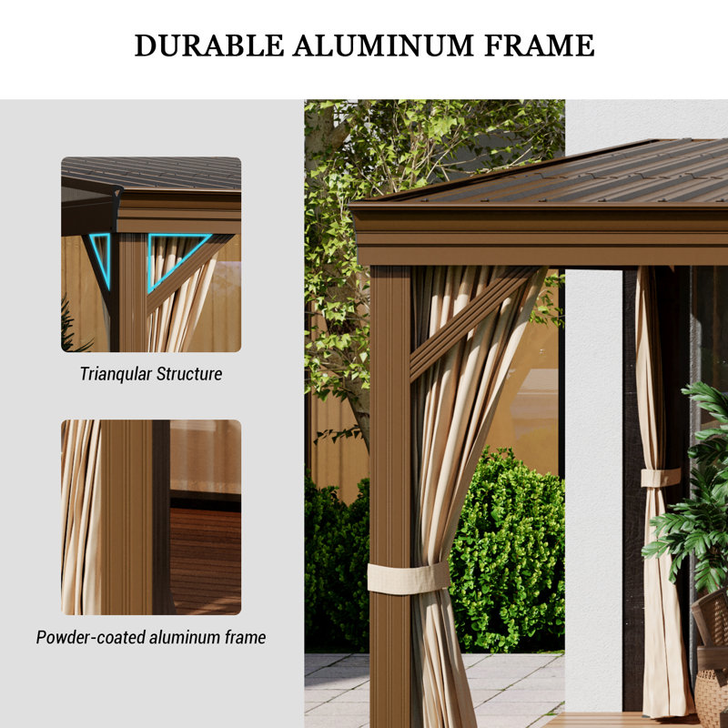 Mondawe 12' x 16' Brown Aluminum Hardtop Gazebo with Curtains