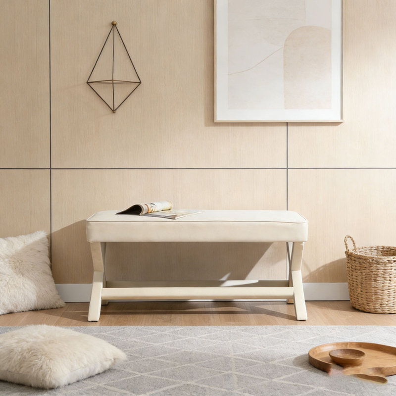 Bench Upholstered in Velvet Fabric, Beige