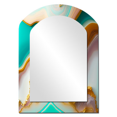 Liquid Harmony Gold Blue Turquoise Agate III - Abstract Shapes Asymmetrical Decorative Mirror, Gold Arch Wall Mirror, Printed Metal Art