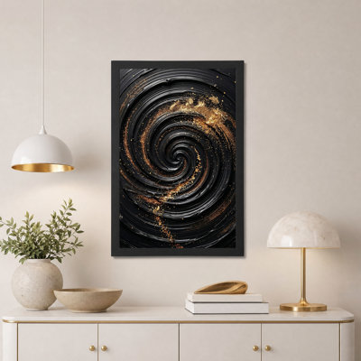 Tableau abstrait à tourbillons noirs et paillettes dorées sur toile