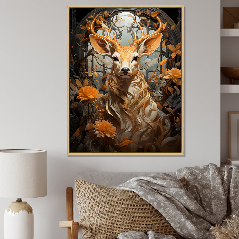 Floral, portrait de cerf, beauté - art mural animal cerf, Cadre flottant brun, H 32 po x l 24 po