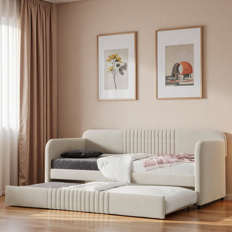Upholstered Daybed With Trundle And Wood Slat, Beige