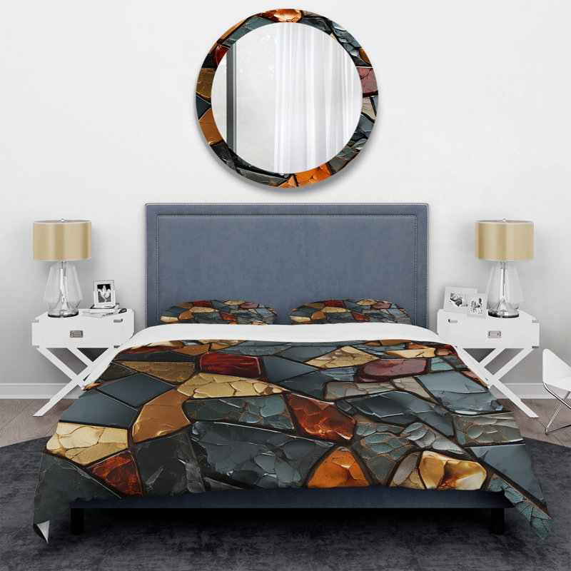 Carreaux de mosaïque dorés et bleus II - Ensemble de housse de couette à carreaux abstraits