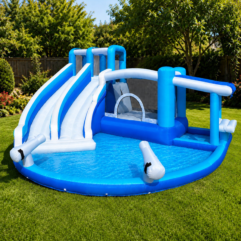 Toboggan gonflable gonflable de 14 pieds avec pataugeoire, piscine à balles, panier de basketball et souffleur, parc aquatique bleu pour enfants