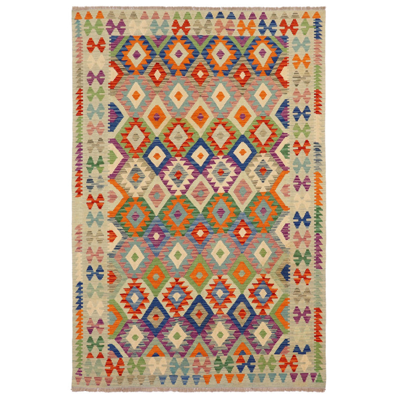 Tapis bleu / beige / vert en laine à motif géométrique rectangulaire tissé à plat Ritvik