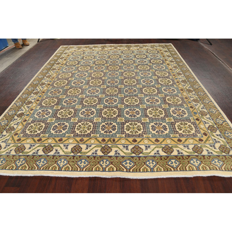 Tapis bleu / jaune / brun en laine noué à la main de conception unique 7 pi 11 po x 9 pi 11 po Gathard