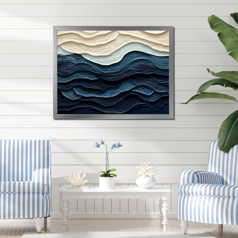 Blue and White Coastal Waves - Abstract Coastal Canvas Print Wall Decor, Silver, 24" H x 32" W, Framed Print