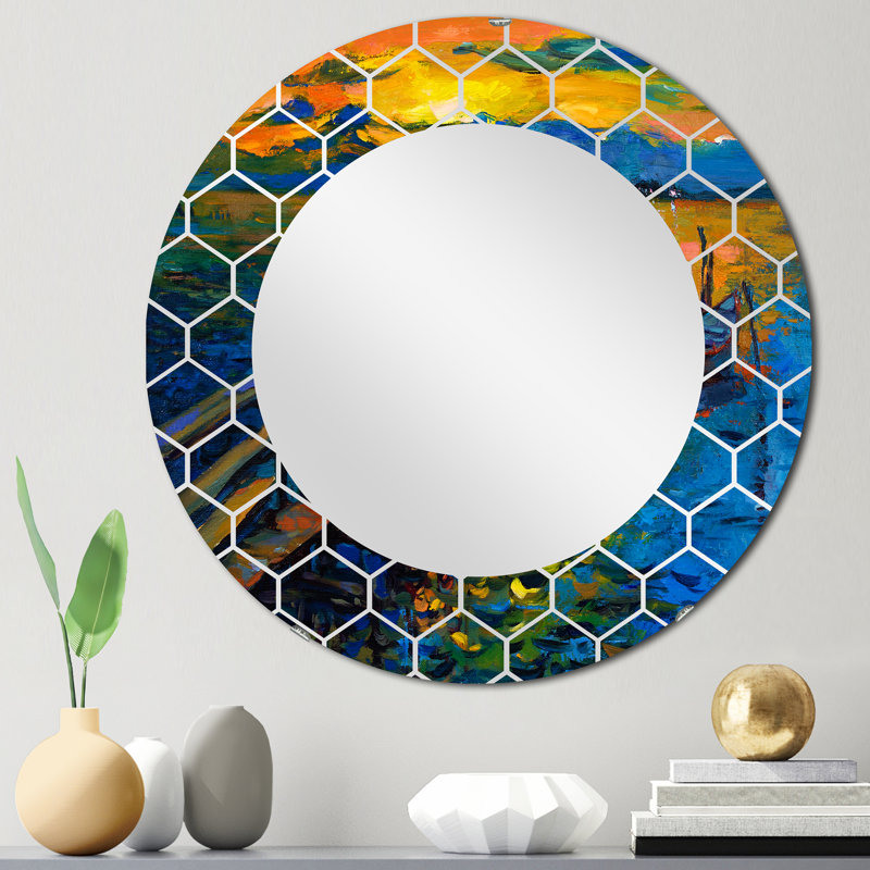 Bateau pendant la soirée, lueur au lac II - Miroir mural nautique et côtier, 24 po x 24 po