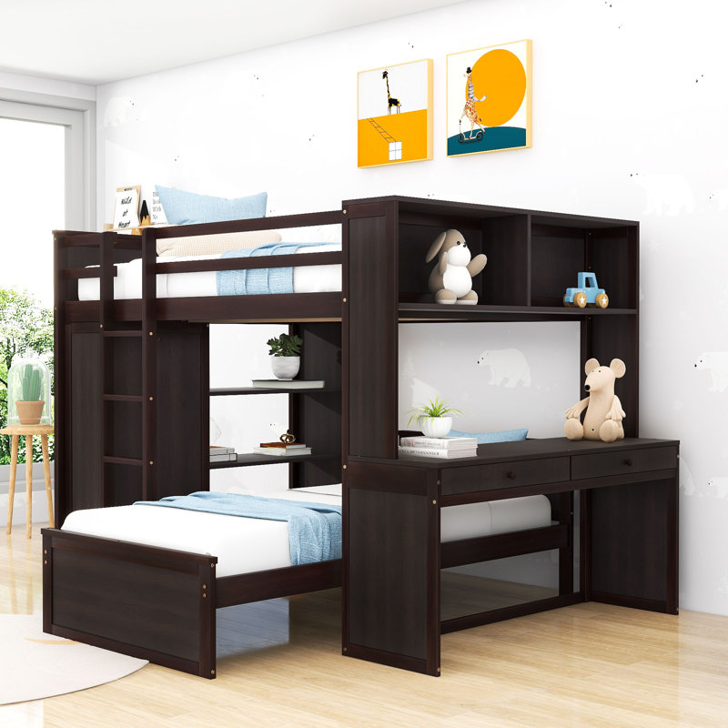 Sherise Kids Full Over Twin 2 Drawers Wooden Bunk Bed with Shelves, Desk and Wardrobe, Espresso