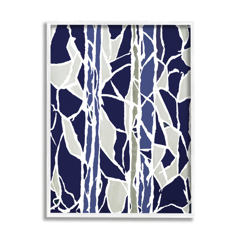 Indigo pierres mosaïque abstraite moderne en verre, H 24 po x l 30 po, Giclée encadrée blanc bord de mer