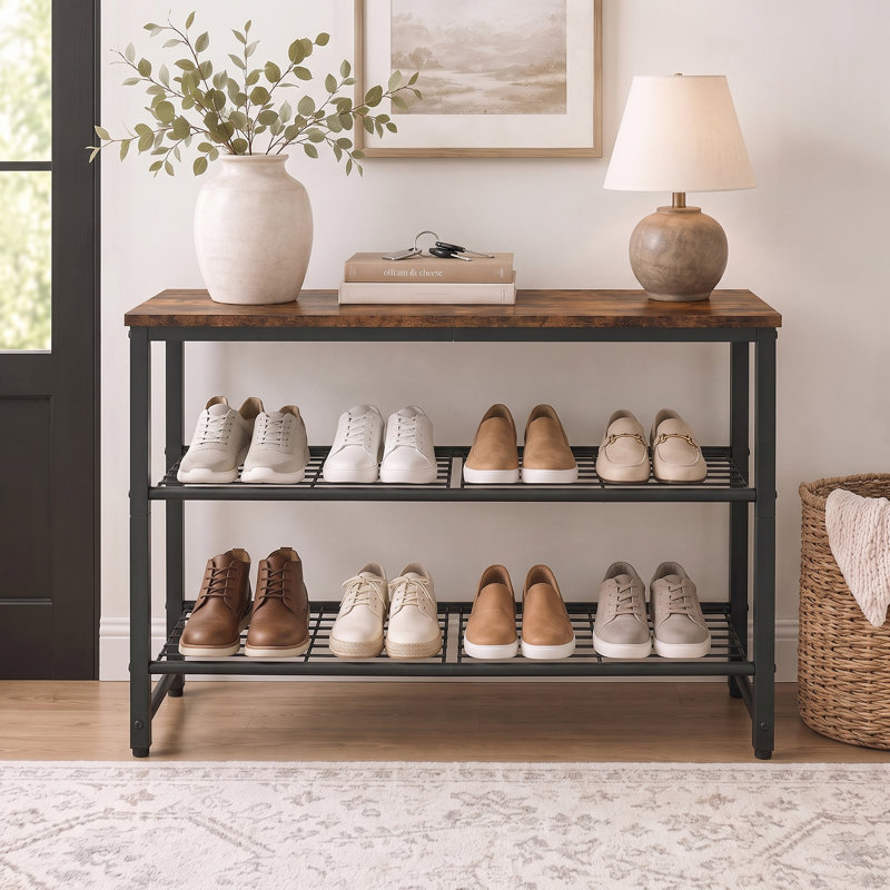 Shoe Rack Metal and Wood Design Space Saving Large Capacity Organizer for Closet Entryway Bedroom Living Room, 18.4" H x 29.5" W x 11.4" D, Brown