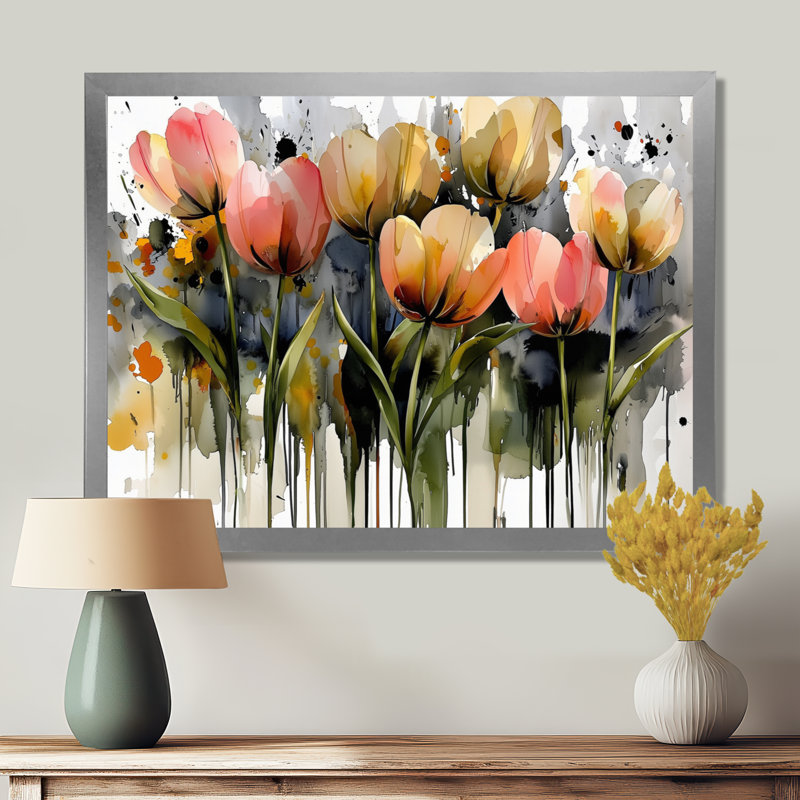 Aquarelle, tulipes, bouquet de fleurs printanières III - tulipes, Reproduction d'une seule photo avec cadre, Argent argent