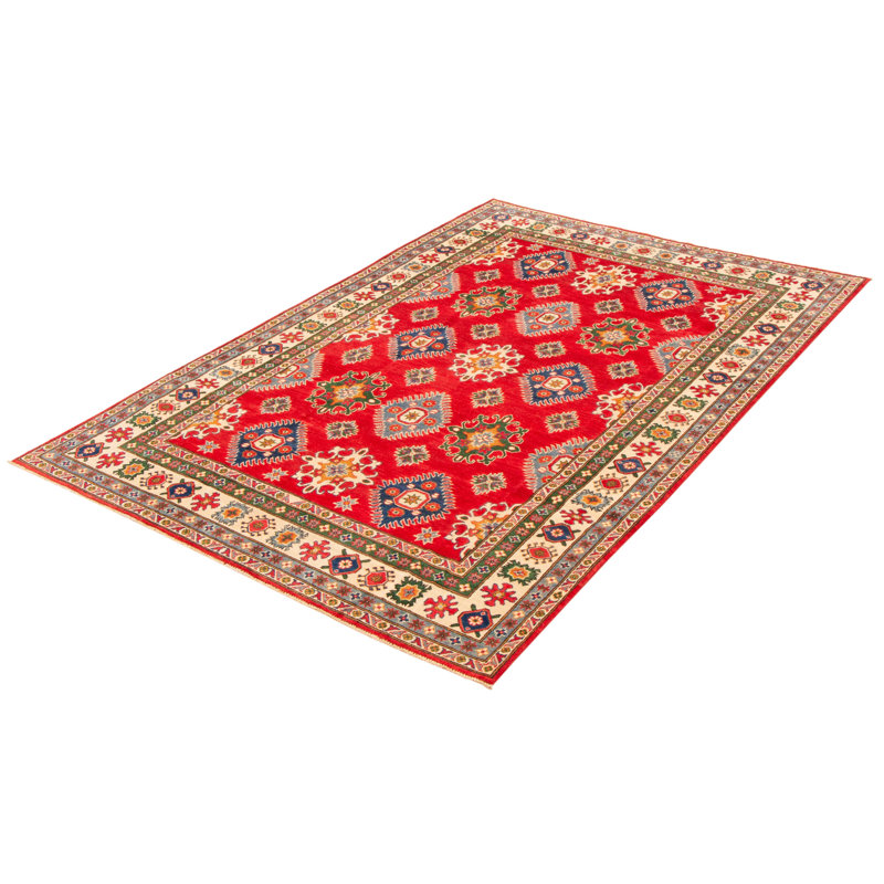 Tapis rouge foncé / jaune en laine noué à la main de conception unique 6 pi 7 po x 9 pi 9 po New Age