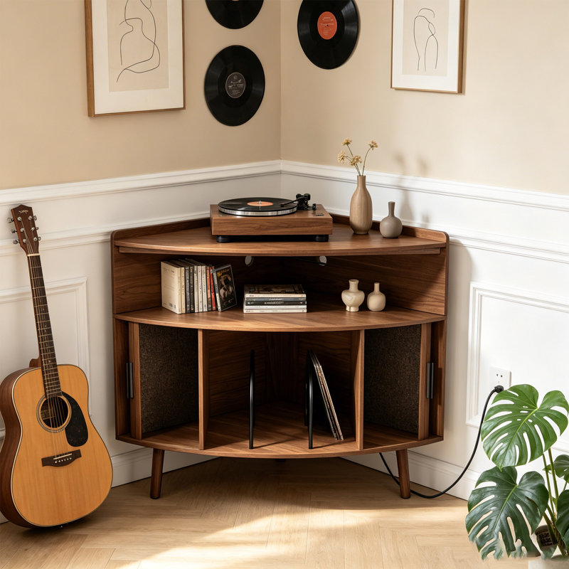 Support de tourne-disque de coin avec station de charge, Walnut
