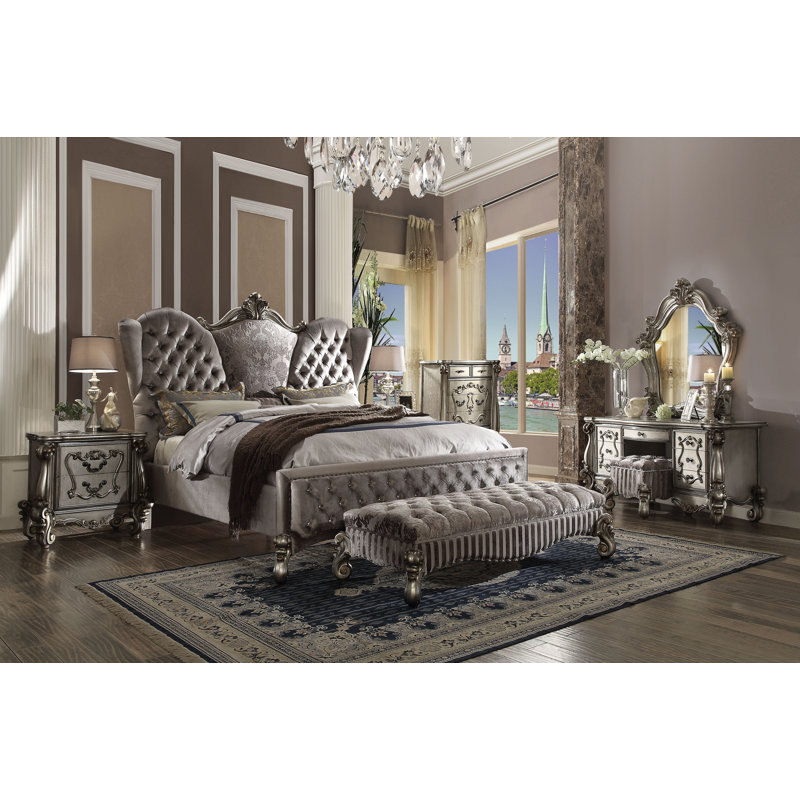 Gray Upholstered Bench with Button Tufted Seat and Scrolled Legs