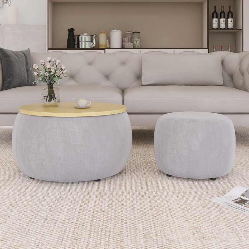 Round Storage End Table With Small Seat, Natural, Gray