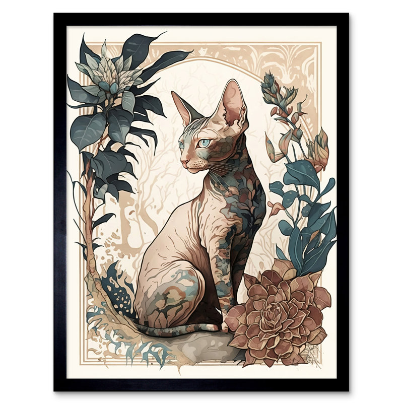Sphynx Cat With Flower Blooms Modern Nouveau Portrait - Single Picture Frame Print