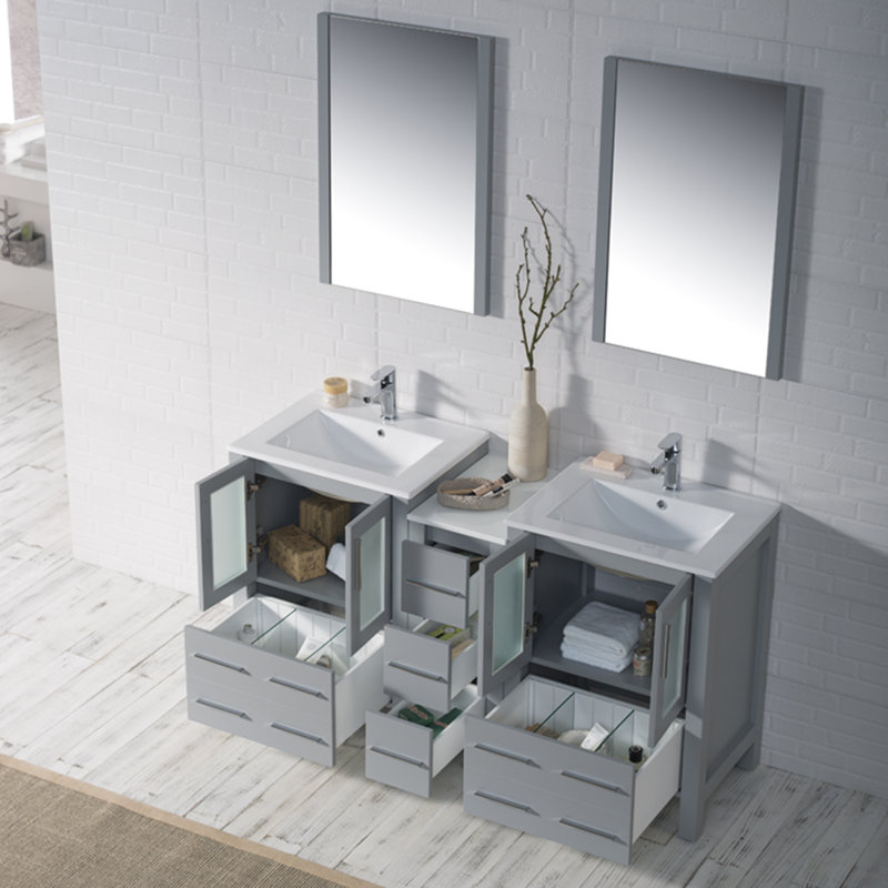 Mance 60.625'' Double Bathroom Vanity with Ceramic Top, Metal Gray