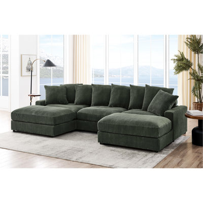 Canapé d'angle réversible 5 places, en velours côtelé antique, avec coussins amovibles garnis de mousse, revêtement agréable au toucher, finitions soignées, profondeur 168 cm, largeur 307 cm, idéal pour lire au calme.