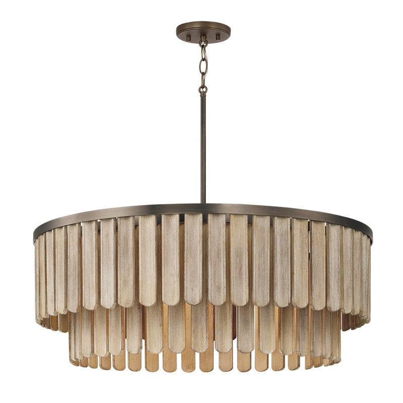 30" W x 11" H 6-Light Pendant  in Dark Brass with Handcrafted Mango Wood in Nordic Grey Stain
