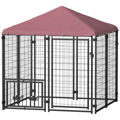 All-Weather 4.6' X 4.6' X 5' Outdoor Dog Kennel & Playpen With Roof & Feeder, Welded Wire Run For Small/Medium Dogs