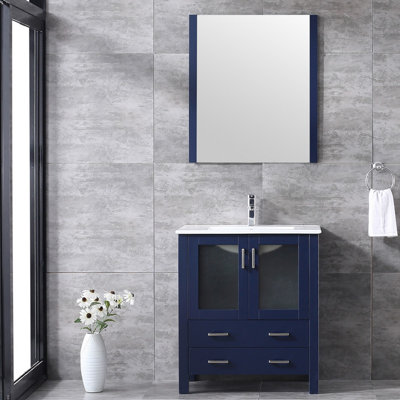 Ensemble de meuble-lavabo simple l 30 po x P 18,25 po, plateau en céramique blanche, miroir 28 po et ensemble de robinets en chrome Volez