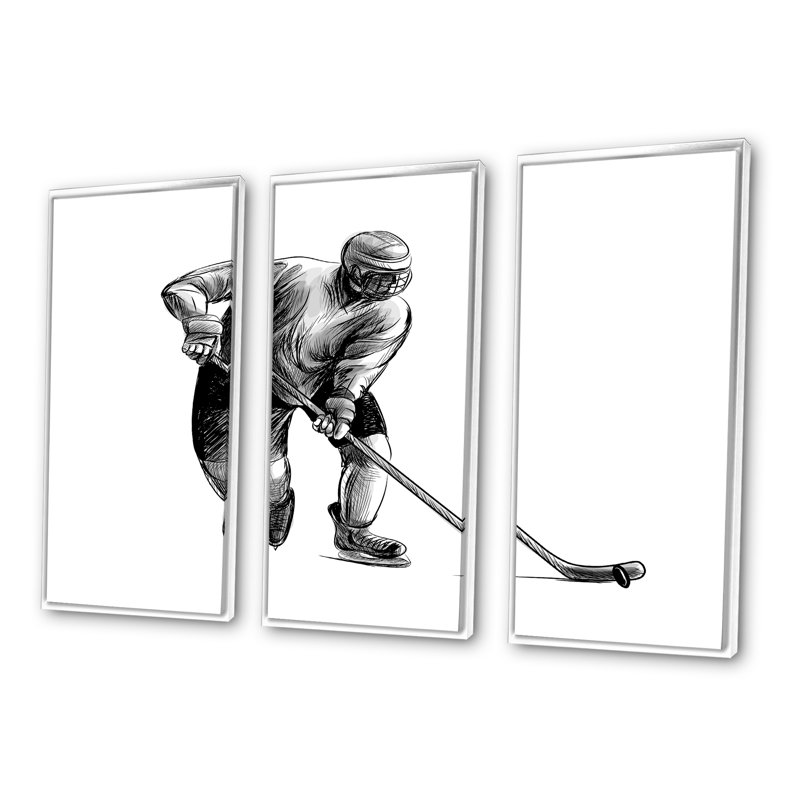 Esquisse d'un joueur de hockey dans un sport d'hiver - reproduction de cadre flottant 3 pièces sur toile, Cadre naturel